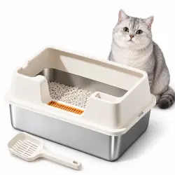FreshPaw Arenero XL de acero inoxidable para gatos con bordes altos, blanco roto, 60 × 40 × 27 cm - 60 × 40 × 27 cm