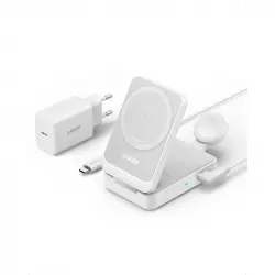 Anker MagGo Cargador Inalámbrico iPhone 3 en 1 Soporte de Carga 15 W Qi2 + Cargador Blanco