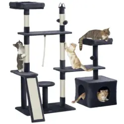 PawHut Árbol Rascador para Gatos 134 cm Torre para Gatos Rascador para Gatos con Nidos Cueva Plataformas Bolas de  y Postes de Sisal Gris Oscuro