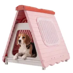 COSTWAY Caseta Perros para Exterior, Casa Plegable de Plástico para Perros con Puerta de Solapa Bloqueable, Ventanas, Base Elevada, Refugio Portátil Impermeable para Mascotas, 72 x 60 x 68 cm (Rosa) - 72 x 60 x 68 cm