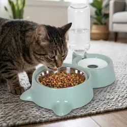 Leeby Comedero y Dispensador de Agua 2 en 1 Acero Inoxidable Verde para gatos 500 ml