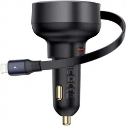 Baseus Cargador de Coche USB-C (H) /Lightning (M) con Cable Retráctil 55W Negro