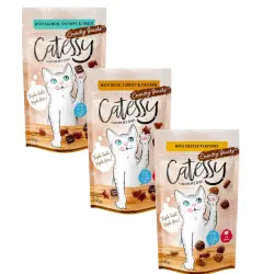 Snacks crujientes Catessy para gatos Triple sabor - 5 x 65 g - Pack Ahorro - con salmón, gambas y trucha