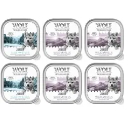 Wolf of Wilderness JUNIOR - Receta duoproteica 6 / 24 x 150 g en tarrinas - 6 x 150 g: 4 x pato y ternera, 2 x pollo y salmón