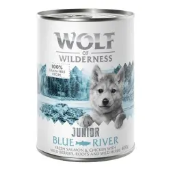 Little Wolf of Wilderness 6 x 400 g - Blue River Junior, con pollo y salmón