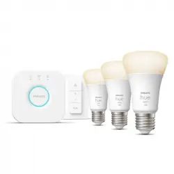 Philips Hue White Kit de Inicio 3 Bombillas LED Inteligente E27 9.5W Luz Blanca Cálida + Hue Bridge + Interruptor
