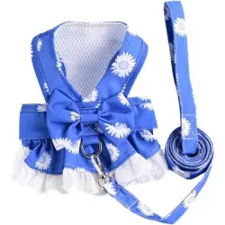 Pawffee Hundegeschirr mit Leine klein blau, Blumenmuster, Schleife, Kleid - 1 pieza