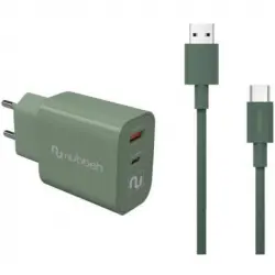 Nubbeh Cargador Pared Bhoot USB + USB-C PD 3.0 30W + Cable USB - USB-C C Silicona Líquida 60W Verde