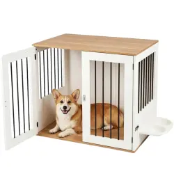 COSTWAY Jaula para Perros, Mueble de Jaula para Perros con Comedero Giratorio 360°, Puertas de Doble Cerradura, Cuencos, Mesa Auxiliar Caseta para Mascotas Pequeñas y Medianas, 80 x 55,5 x 71,5 cm - 80 x 55,5 x 71,5 cm