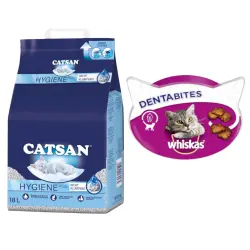 Catsan arena para gatos + Whiskas snacks ¡con un 15% de descuento! - Hygiene Plus (18 l) + Whiskas Dentabites con pollo (40 g)