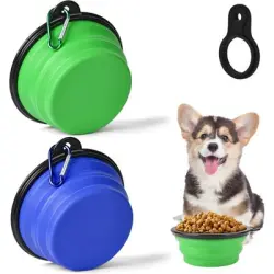 HausPets Juego 2 comederos plegables 350 ml mosquetón perros gatos, azul - azul verdoso