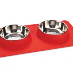 Comedero doble Karlie Diner Set Silikon Dex con base de silicona - 2 x 350 ml, 14 cm de diámetro - Rojo