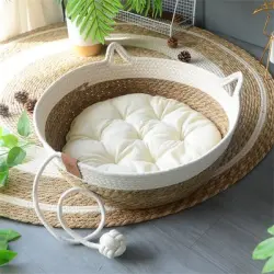IntiMeg Nido para gatos - Cesta de ratán artesanal con cojín de algodón - Una pieza