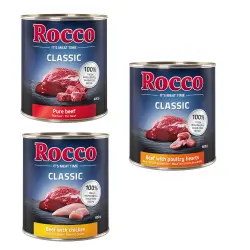 Pack mixto de prueba: Rocco Classic 6 x 800g - Mix de ave: vacuno y pollo, vacuno y corazones de ave, vacuno y pavo
