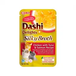 Churu Dashi Delights Silky Broth Comida Húmeda para Gatos en Caldo con Pollo Atún y Salmón, 12 x 40 gr