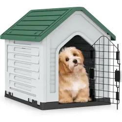 COSTWAY Caseta de Plástico para Perros, Refugio para Mascotas Impermeable con Puerta Metálica con Cerradura, Techo Inclinado y Rejillas de Ventilación, Caseta Perro para Interior y Exterior (Verde) - 66,5 x 52 x 60 cm