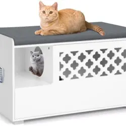 COSTWAY Banco con Arenero y Cojín Extraíble, Mueble Ocultador de Arenero para gatos - 90 cm x 48,5 cm x 52 cm