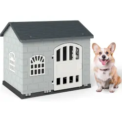 COSTWAY Caseta Perros de Plástico, Refugio para Mascotas con Puerta Bloqueable, 3 Ventanas, Techo Inclinado y Base con Orificios de Drenaje, Jaula Impermeable para Interior y Exterior (Gris) - 75 x 58 x 65 cm