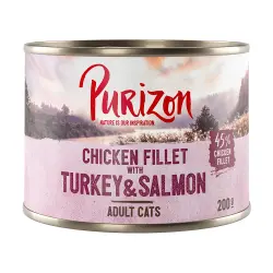 Purizon Adult 6 x 200 g comida húmeda para gatos, sin cereales - Filete de pollo con pavo y salmón