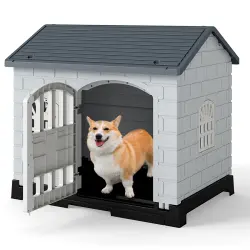 COSTWAY Casa para Perros Plegable de Plástico, Refugio para Mascotas Resistente a la Intemperie con Bandeja de Inodoro, Puerta con Cerradura, Techo Inclinado, Jaula de Interior Exterior para Cachorros Gatos - 75 x 58 x 65 cm