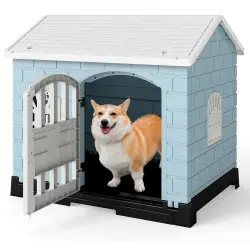 COSTWAY Casa para Perros Plegable de Plástico, Refugio para Mascotas Resistente a la Intemperie con Bandeja de Inodoro, Puerta con Cerradura, Techo Inclinado, Jaula de Interior Exterior para Cachorros Gatos - 75 x 58 x 65 cm