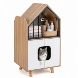 GIANTEX Mueble Arenero para Gatos en Forma Casita de 2 Niveles con Puertas - 1 Mueble Arenero