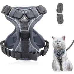 HausPets Arnés antiexplosión para gatos con correa – Suave – Gris M - Arnés gris, talla M – Antiexplosión