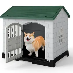 COSTWAY Casa para Perros Plegable de Plástico, Refugio para Mascotas Resistente a la Intemperie con Bandeja de Inodoro, Puerta con Cerradura, Techo Inclinado, Jaula de Interior Exterior para Cachorros Gatos - 75 x 58 x 65 cm