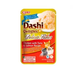 Churu Dashi Delight Flakes Comida Húmeda para Gatos en Caldo con Pollo Atún y Salmón, 12x40 gr