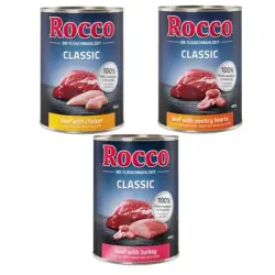 Rocco Classic 6 x 400 g - Pack mixto ave (vacuno y pollo, vacuno con corazones de ave, vacuno y pavo)