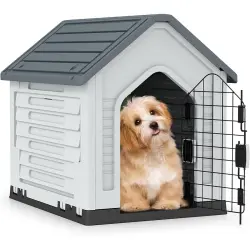 COSTWAY Caseta de Plástico para Perros, Refugio para Mascotas Impermeable con Puerta Metálica con Cerradura, Techo Inclinado y Rejillas de Ventilación, Caseta Perro para Interior y Exterior (Gris) - 66,5 x 52 x 60 cm