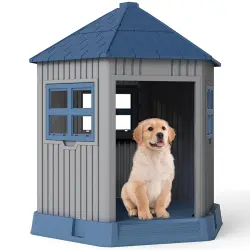 COSTWAY Caseta Perros Exterior de Plástico, 76x90x96 cm, Casa para Perros Grande con 2 Ventanas y Claraboya, Techo Inclinado, Entrada Amplia, Impermeable, Caseta para Perro en Forma de Granero - 76 cm x 90 cm x 96 cm