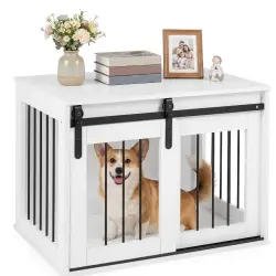COSTWAY Jaula para Perros, Mueble para Perros con Puerta Corrediza, Mesa Lateral Decorativa, Estructura Metálica, Mueble Jaula de Madera para Mascotas Pequeñas y Medianas, 80 x 54 x 57 cm (Blanco) - 80 x 54 x 57 cm