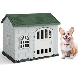 COSTWAY Caseta Perros de Plástico, Refugio para Mascotas con Puerta Bloqueable, 3 Ventanas, Techo Inclinado y Base con Orificios de Drenaje, Jaula Impermeable para Interior y Exterior (Verde) - 75 x 58 x 65 cm