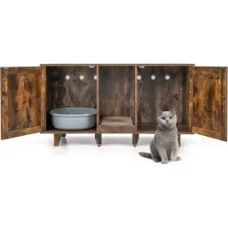 COSTWAY Cajas de Arena para Dos Gatos con Arenero Cubierto y Tablero Rascador en Café para gatos - 120 x 52 x 65 cm