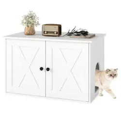 GIANTEX Mueble elevador para arena de gato de madera con compartimento - Blanco