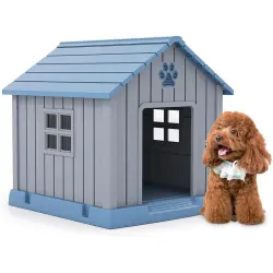 COSTWAY Caseta Perro Grande, 76x83x83 cm, Casa de Perro Exterior con Rejillas de Ventilaciones y Base Elevado, Refugio Impermeable Aislado para Mascotas Pequeños y Medianos Interior y Exterior, Azul - 76 x 83 x 83 cm