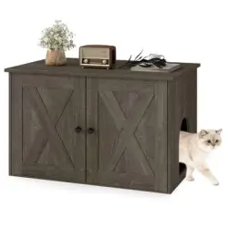 GIANTEX Mueble elevador para arena de gato de madera con compartimento - Gris