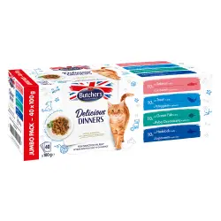 Butcher's Delicious Dinners comida húmeda para gatos 40 x 100 g - Selección de pescado (Salmón / trucha / pescado de mar / abadejo)