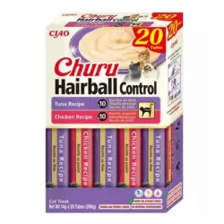 Churu HairBall Control Snacks Cremosos para Gatos 2 Recetas Pollo y Atún, 20 x 14 gr