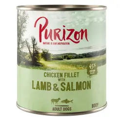 Purizon Adult 12 x 800 g comida húmeda sin cereales para perros - Cordero y salmón con patata y pera