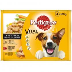 Comida húmeda para perros adultos pequeños, medianos y grandes Pedigree Vital Protection pollo y buey con verduras 4x100 gr