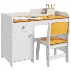 Zonekiz Pupitre Infantil Escritorio Para Niños Con Silla Blanco Y Natural