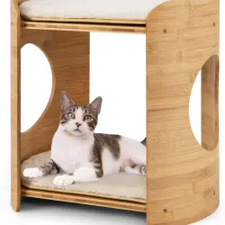 COSTWAY Casa de Gatos de 2 Niveles con Marco de Bambú Natural y Alfombrillas Suaves para gatos - 40 x 33 x 41 cm