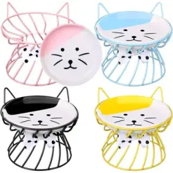 ZooVenture Juego de 4 cuencos de cerámica para gatos con soporte de metal - Amarillo, rosa, azul, negro - Cerámica, base metálica antideslizante