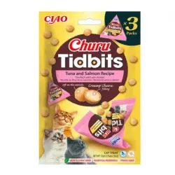 Churu Tidbits Snack para Gatos Bolitas Dos Capas Receta de Atún y Salmón, 3 x 12 gr