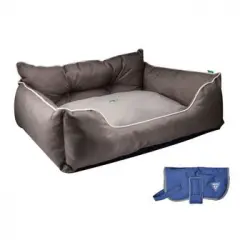 Cama Para Mascota 75x60x25cm Marrón + Abrigo Azul Para Mascotas 35cm