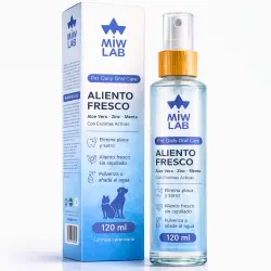 MIWLAB Spray Bucal para Eliminar el Mal Aliento de Perros y Gatos Dentífrico Animal Ayuda a Reducir Placa y Sarro y Previene de Alitosis en Mascotas Aditivio para el Agua o Pulverizador Directo en Boca - 120 ml