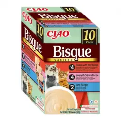 Ciao Bisque Multipack Comida Húmeda para Gatos con Pollo y Ternera, Atún y Salmón, y Atún en Puré, 10 x 40 gr