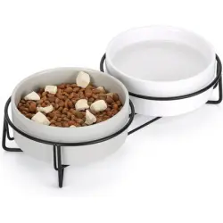 HausPets Comedero doble elevado cerámica gatos (2 x 400 ml) soporte - Blanco + Gris